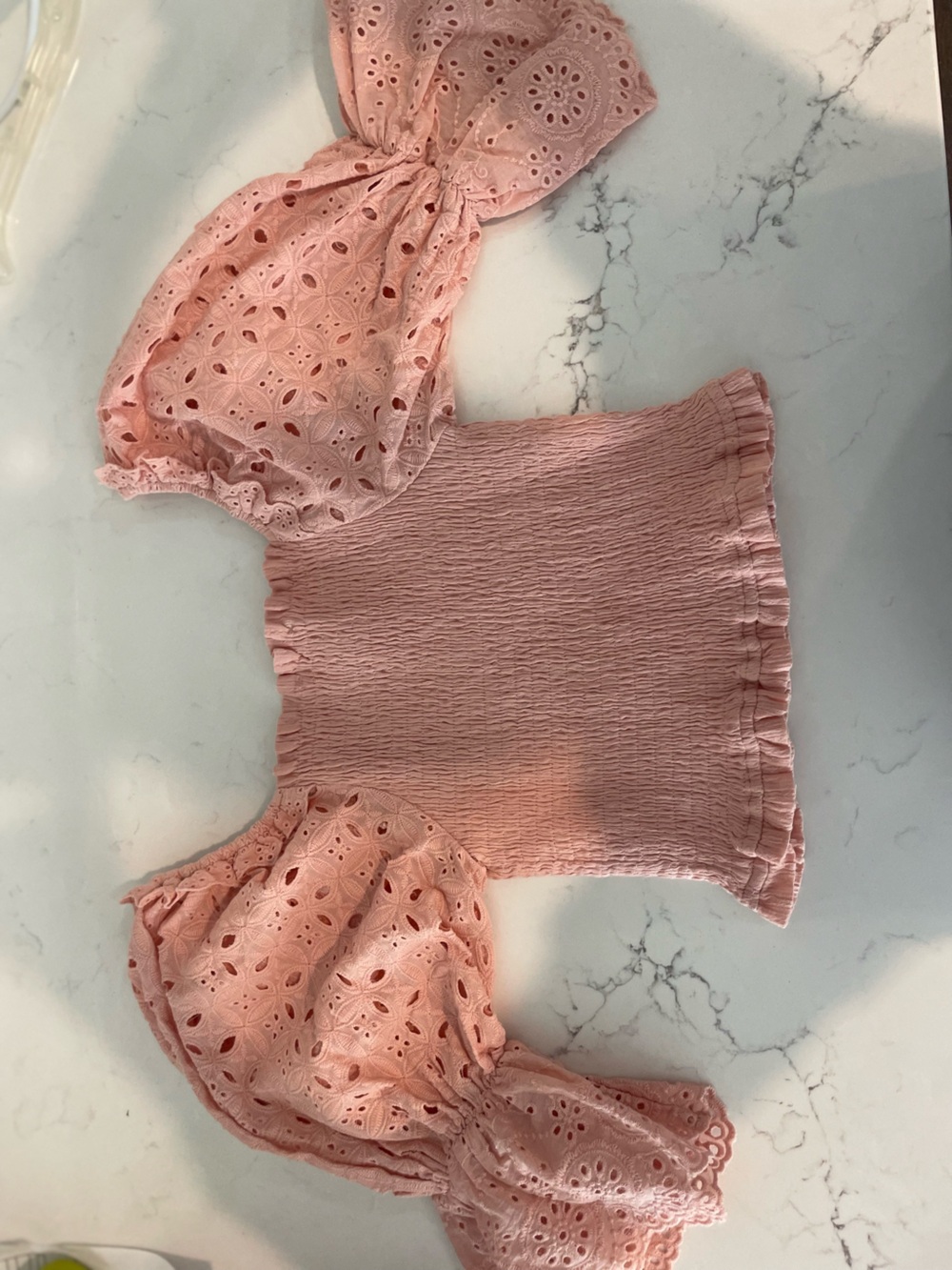 Smocked Pink Eyelet Puff-Sleeve Crop Top